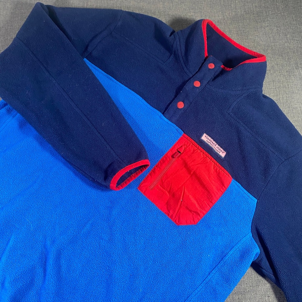 Vineyard Vines Fleece‎ Pullover Jacket Mens Size M Blue Red 1/4 Snap